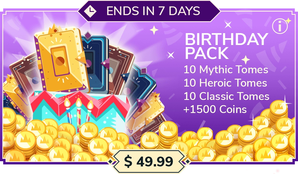 $49.99 promotion: 10 Mythic Tomes + 10 Heroic Tomes + 10 Classic Tomes + 1500 coins