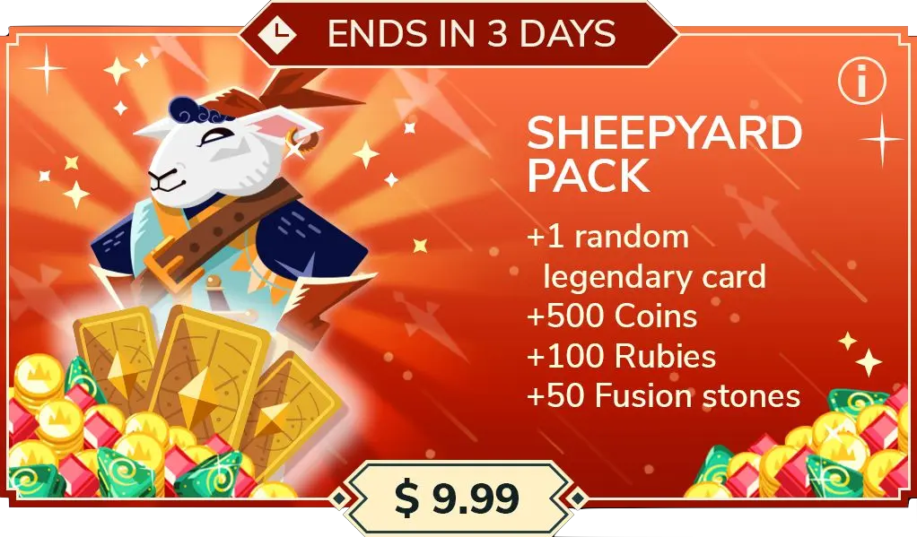 Sheepyard pack ($9.99): 1 random legendary card, 50 fusion stones, 100 rubies and 500 coins